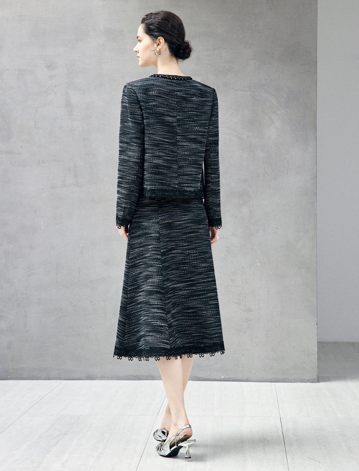 High Waist Lace‑Trim A‑Line Midi Skirt