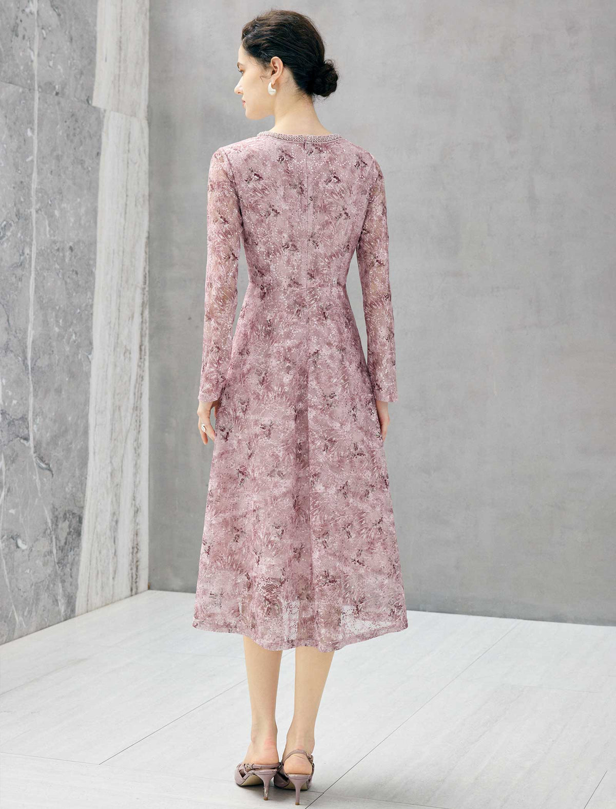 Dusty Pink Beaded Lace Midi Dress