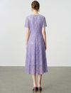 Lavender Sequin Lace Beaded Neck Short Sleeve Midi Dress