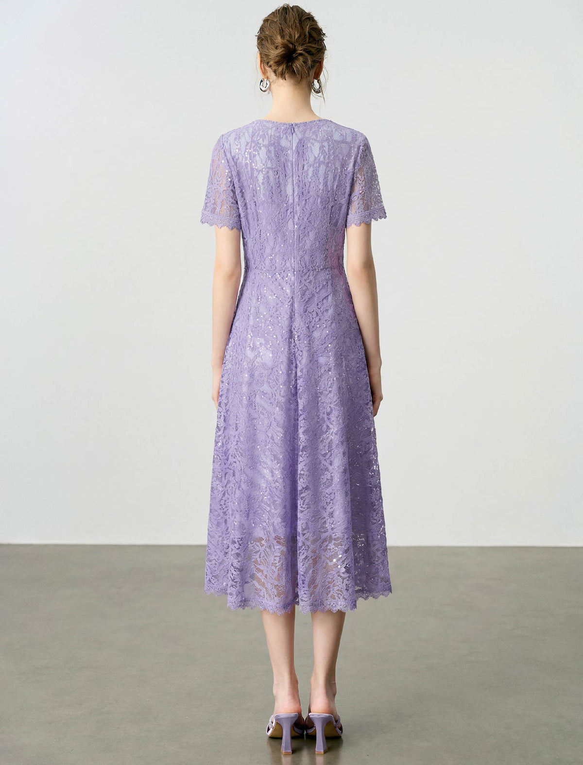 Lavender Sequin Lace Beaded Neck Short Sleeve Midi Dress