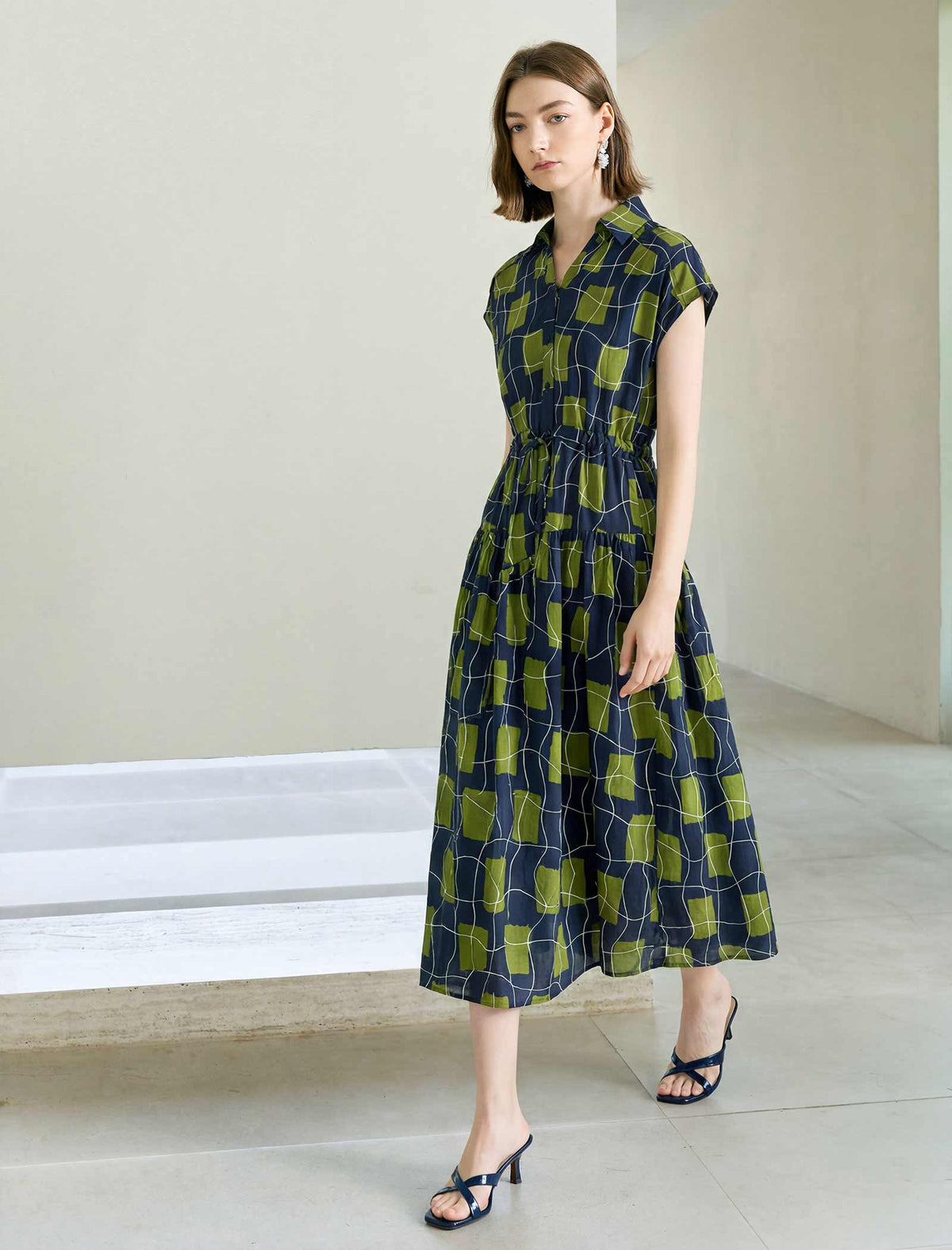 Olive Geometric Print Shirt Midi Dress