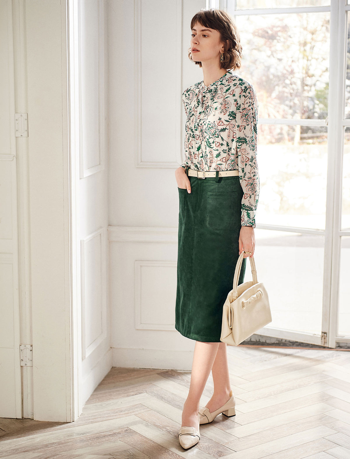 Floral Gathered Detail Mock-Neck Blouse
