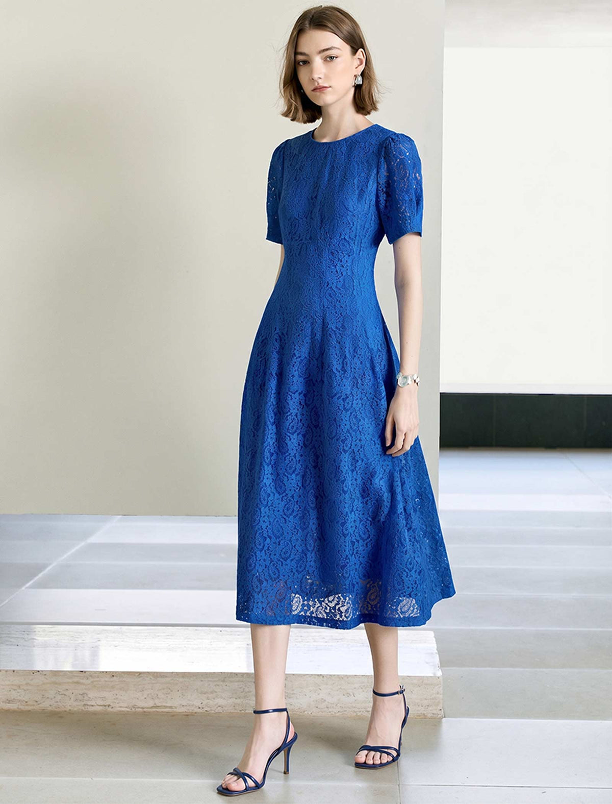 Light Blue Lace A-Line Midi Dress