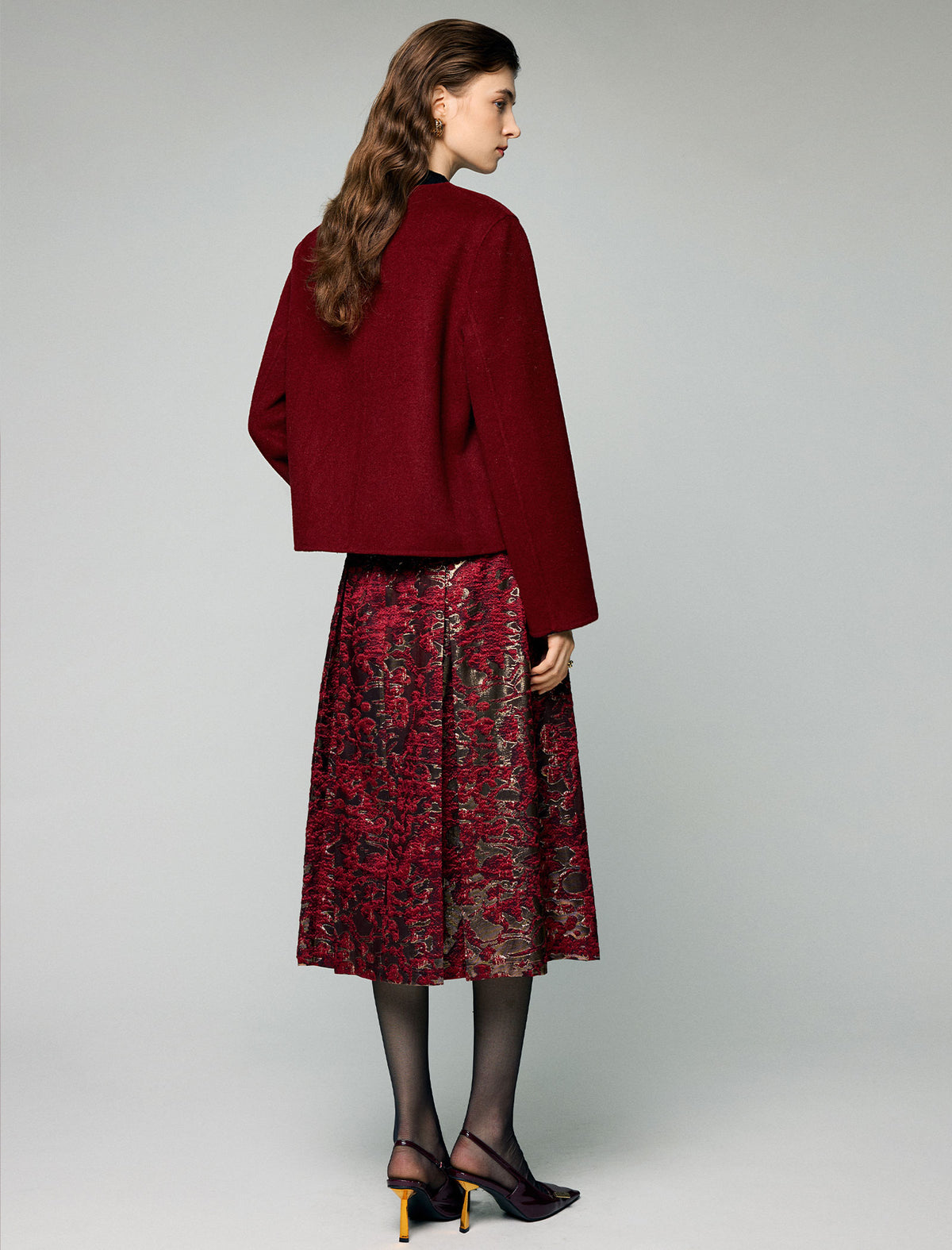 Wool Blend Embroidered Crewneck Frog-Button Coat