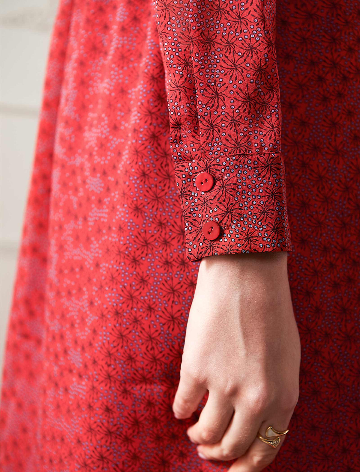 Red Ditsy Print Long Sleeve Midi Dress