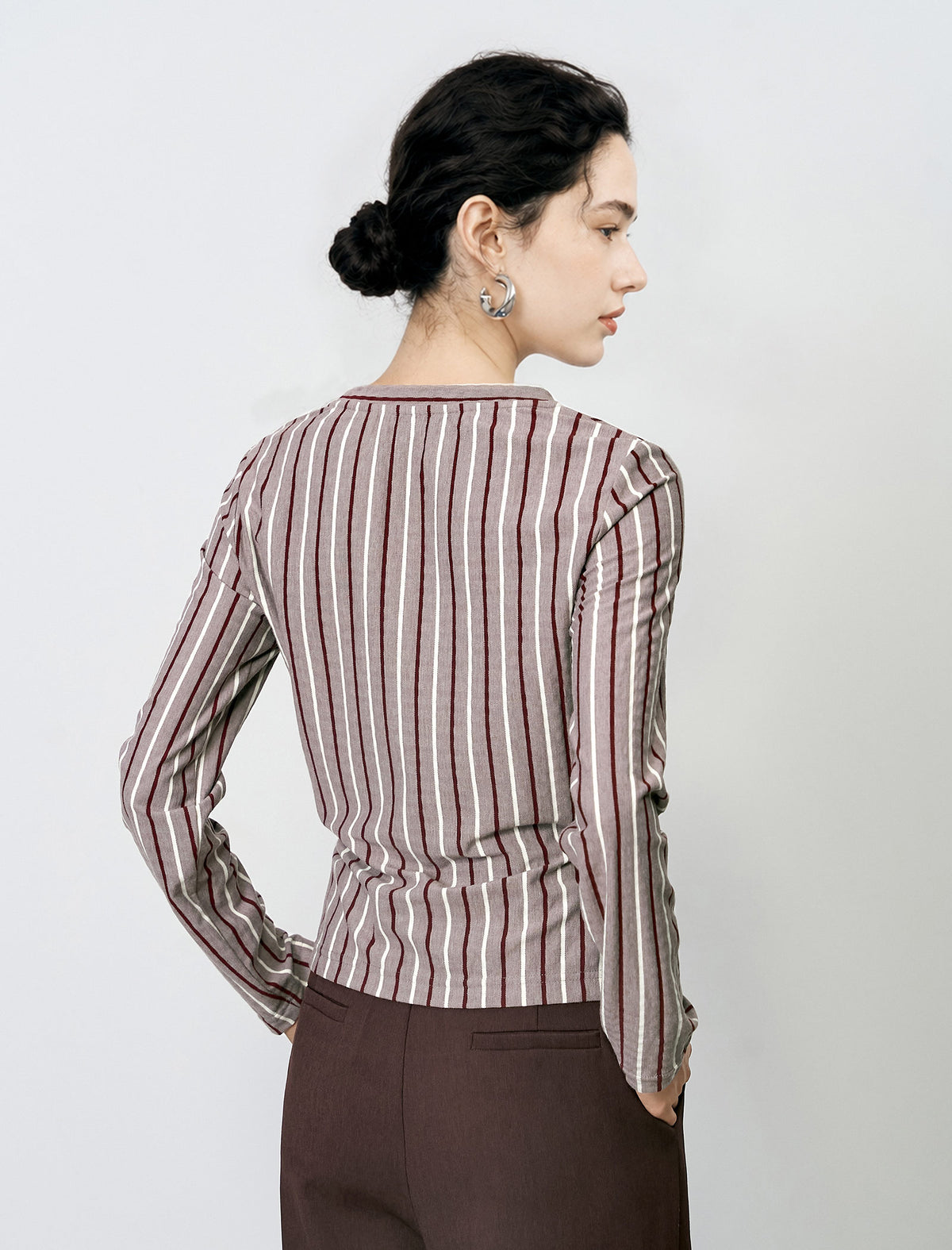 Stripe Long-Sleeve Asymmetric Wrap Top
