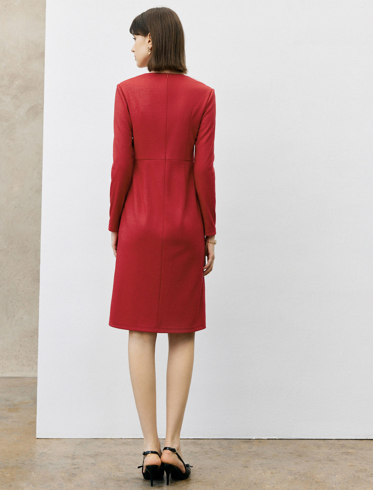 Wool Blend Keyhole Neck Fitted Waist Midi Dress