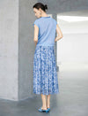 Light Blue Floral Print Neck Tie Cap Sleeve Knit Top