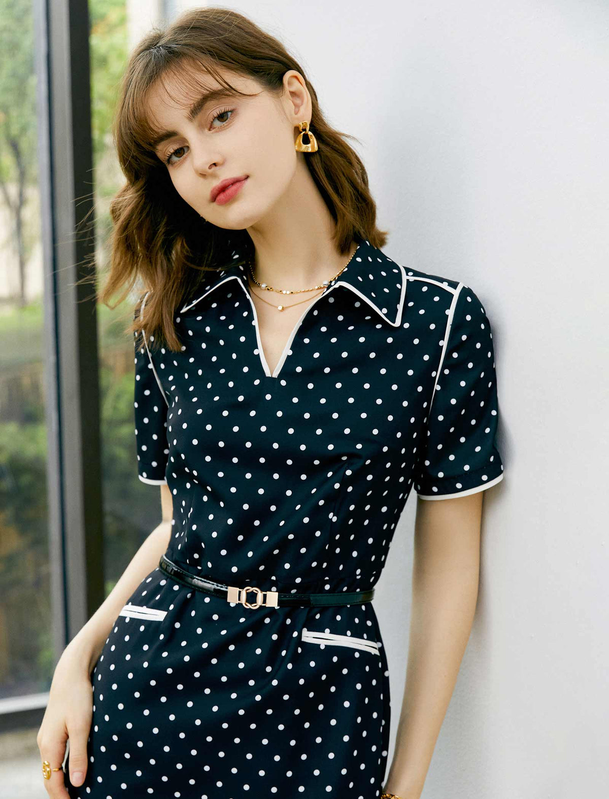 V-Neck Polka Dot Waist-Cinched Fitted Dress