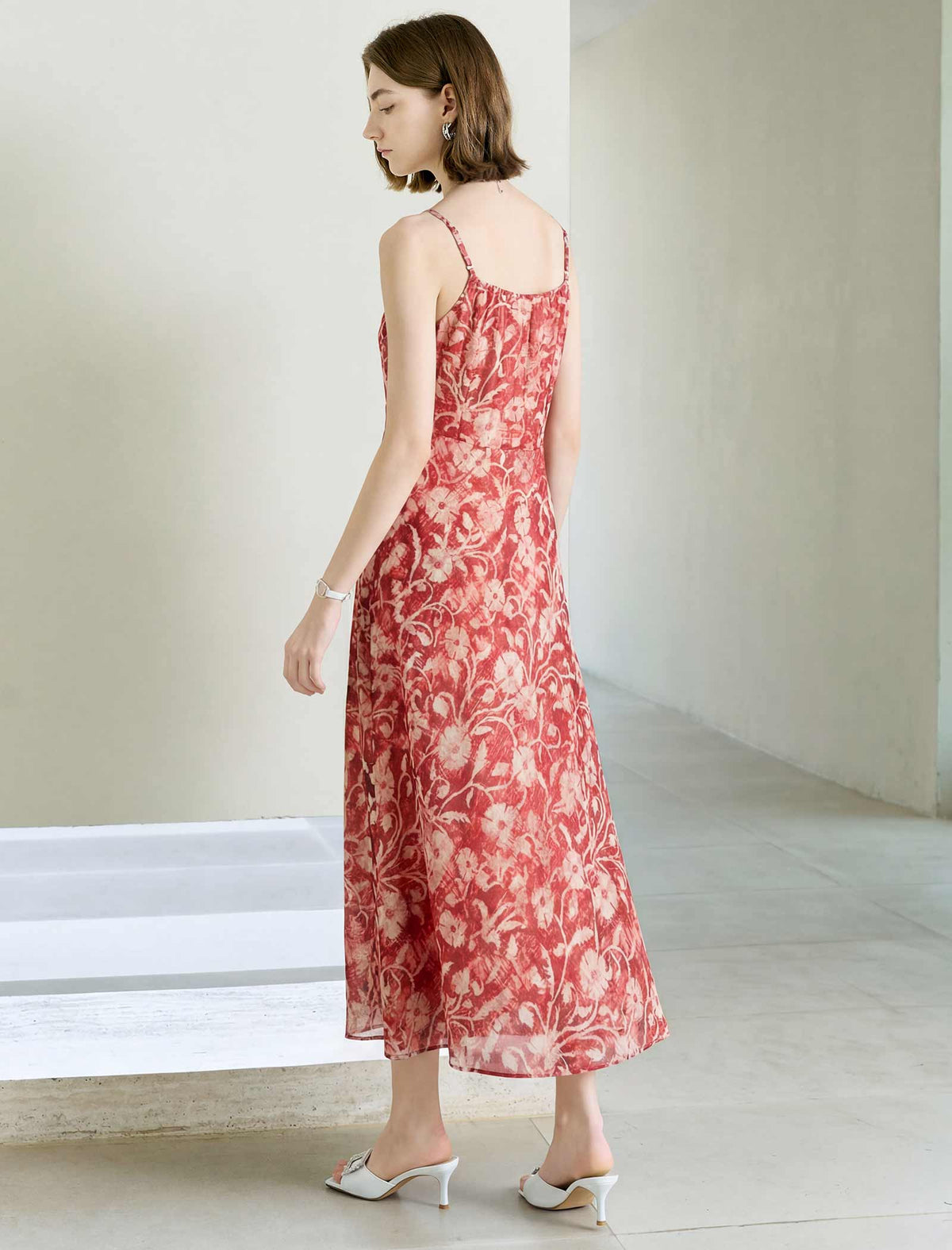 Rust Red Tie-Dye Floral Print Square Neck Midi Cami Dress