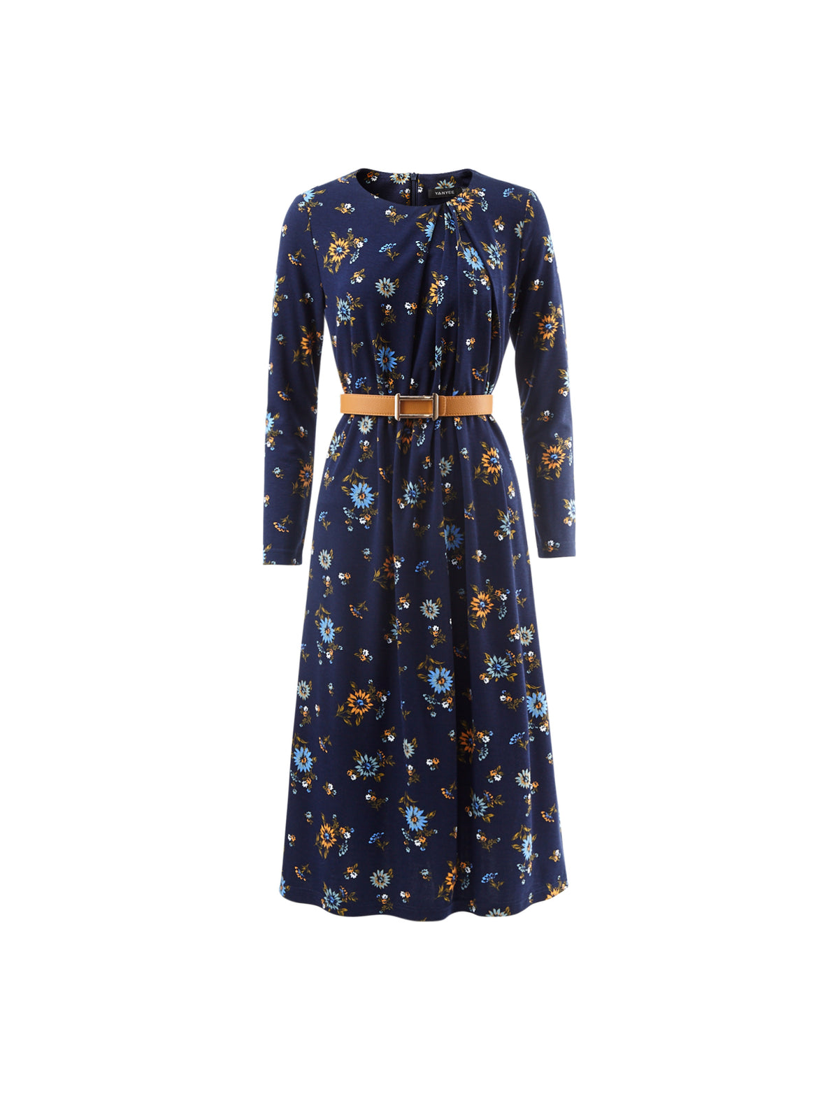 Floral Print Crewneck Belted Dress