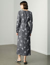 Side-Slit Waist-Cinching Printed Long Sleeve Dress