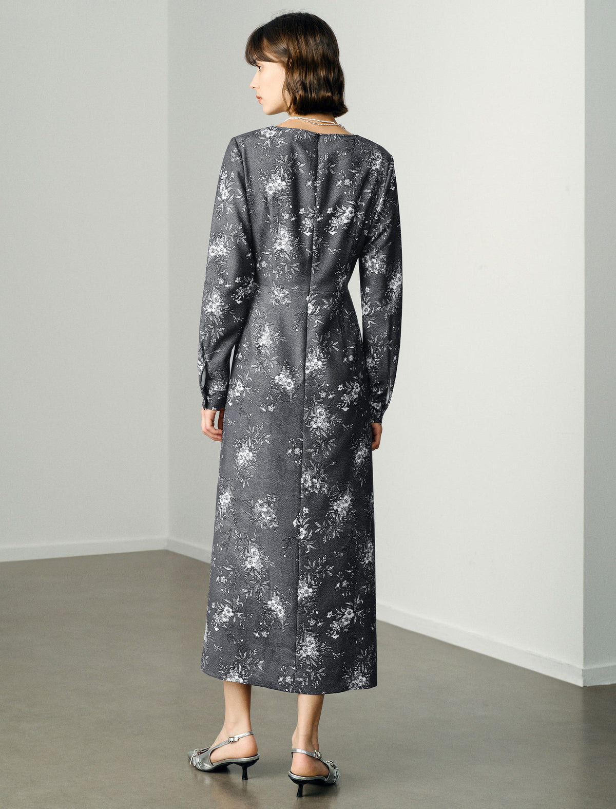 Side-Slit Waist-Cinching Printed Long Sleeve Dress