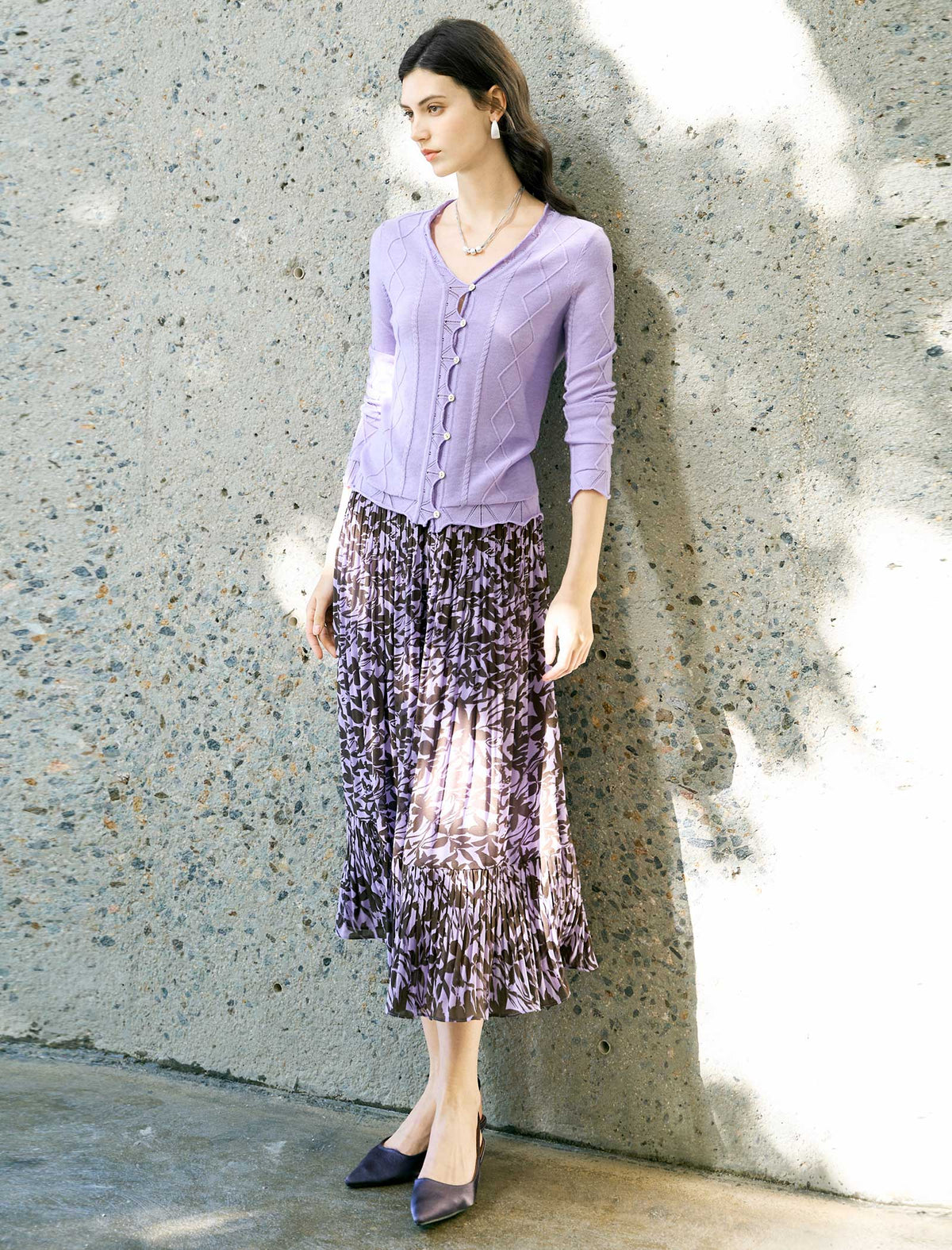Lavender And Brown Floral Tiered Midi Skirt