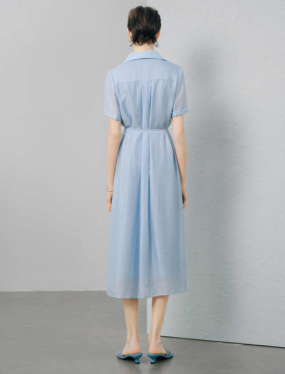 Light Blue Tencel Linen Blend Lace-Trimmed Shirt Midi Dress