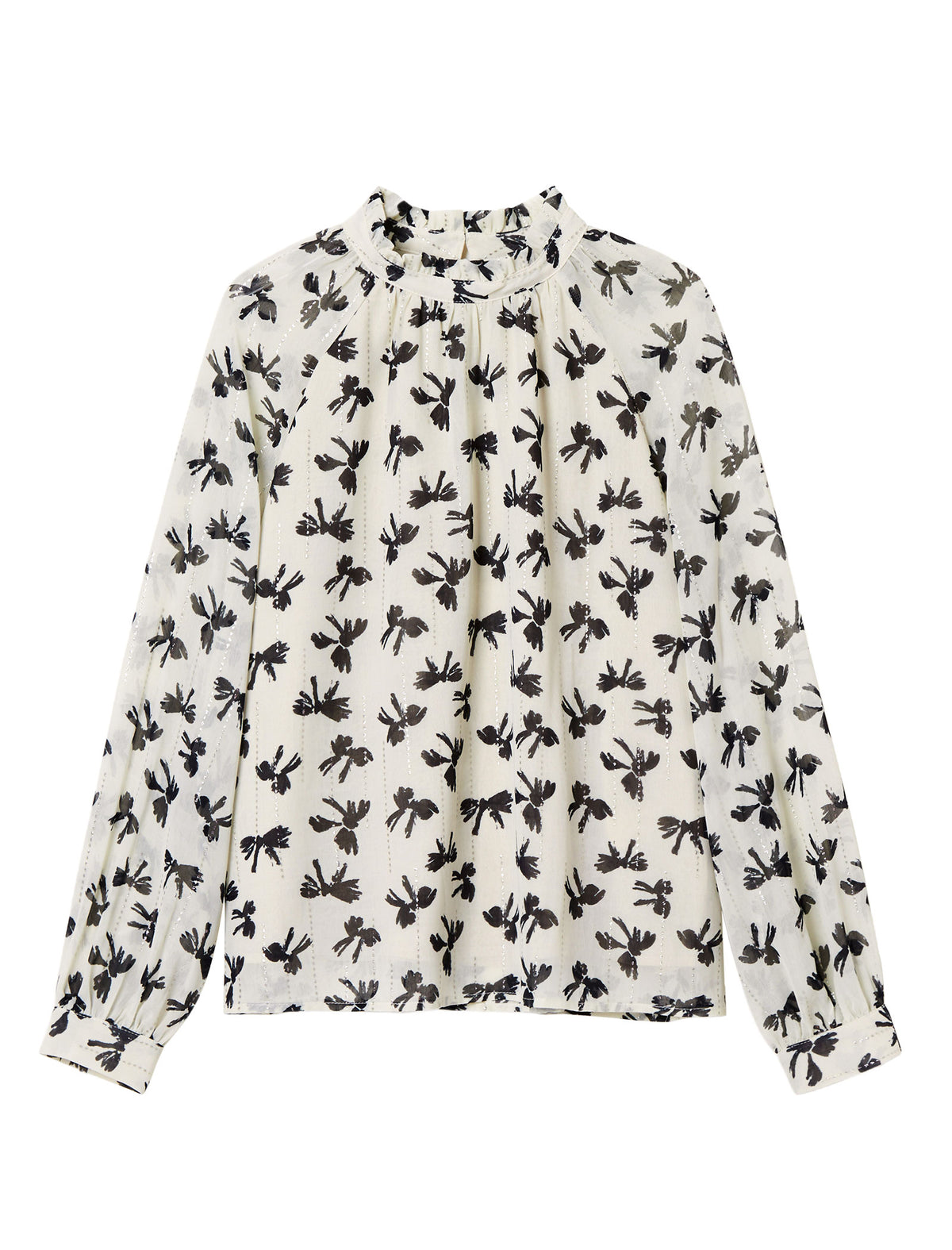 Floral Print Chiffon Ruffled Neckline Blouse