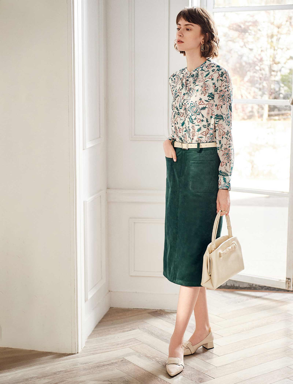 Floral Gathered Detail Mock-Neck Blouse