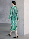Green Geometric Print Belted Midi Dress