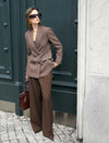 Coffee Wool-Blend Wide-Leg Pants