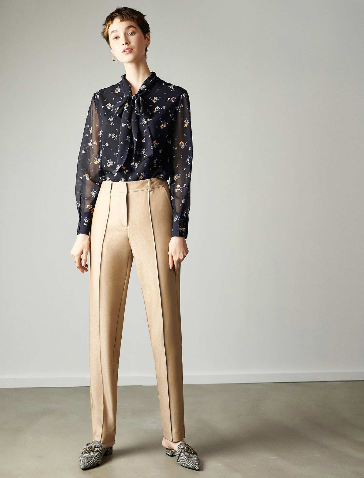 Black Floral Tie Neck Blouse