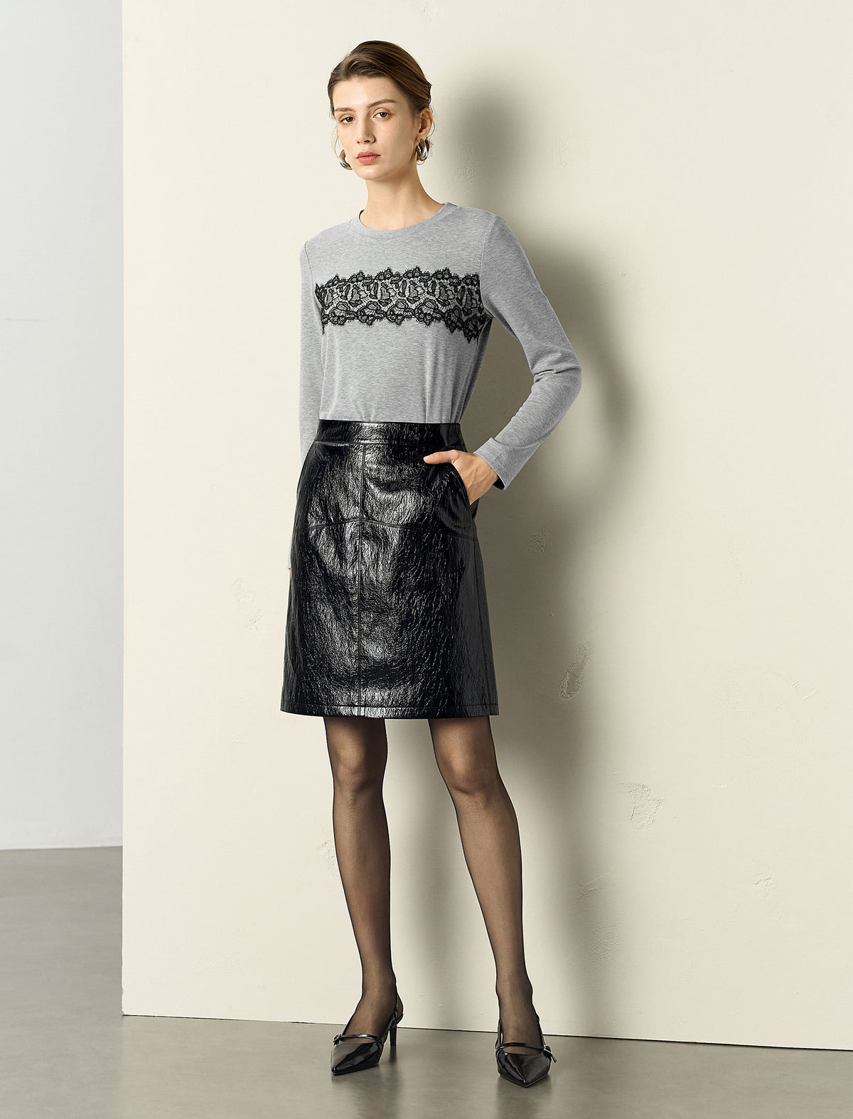 Lace Patchwork Long Sleeve Crew Neck Top