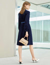 Navy Blue Tie Neck Pleated Midi Dress