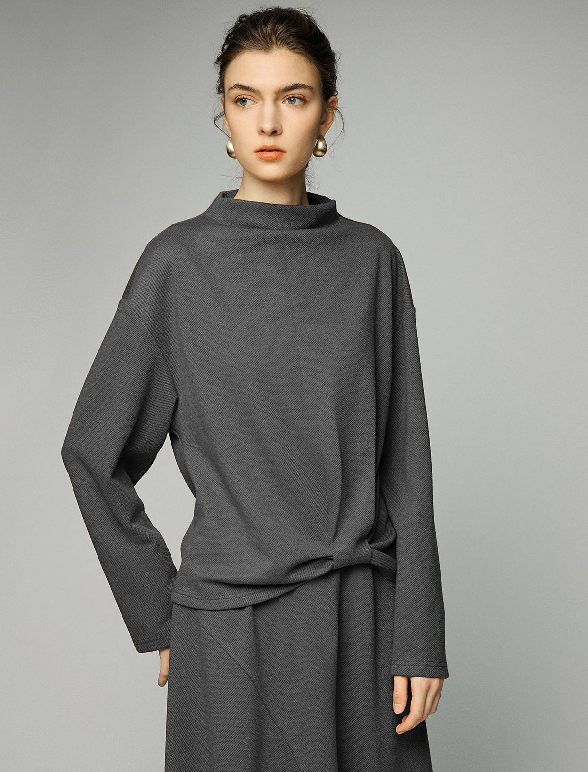 Wool Blend Twist-Front Mock-Neck Relaxed Top