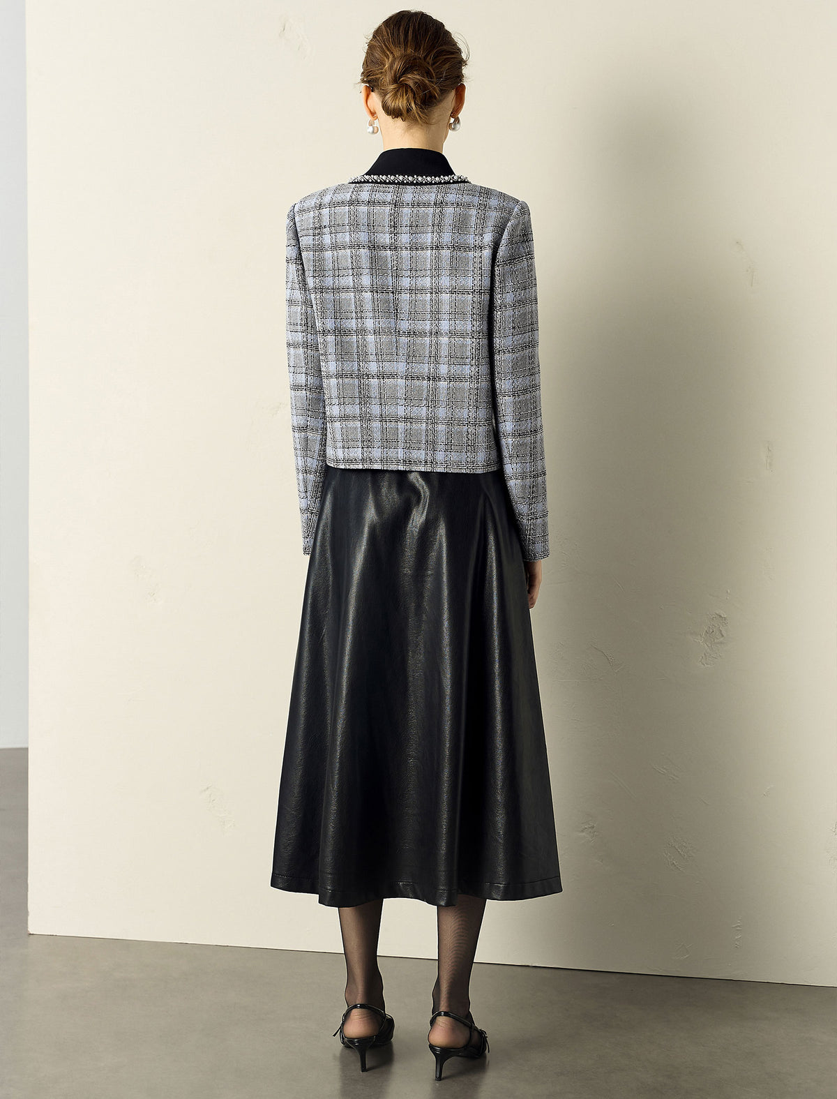 Plaid Tweed Jacket with Pearl Trim Collar
