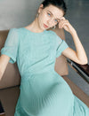 Mint Green Lace Detail Pleated Puff Sleeve Midi Dress