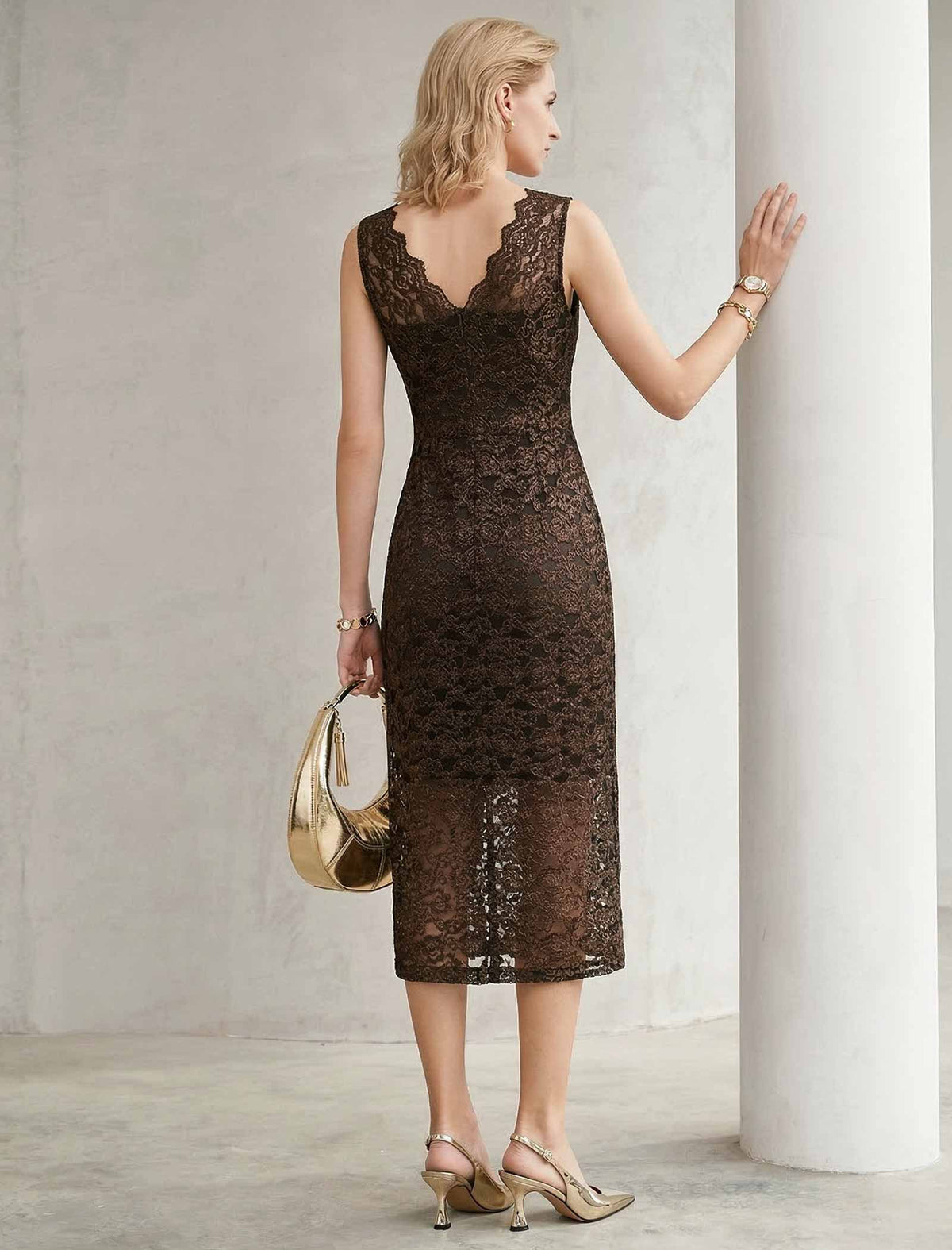 Brown Lace Sleeveless Midi Dress