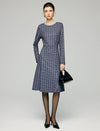 Beaded Crewneck Purple Check Fit Flare Dress