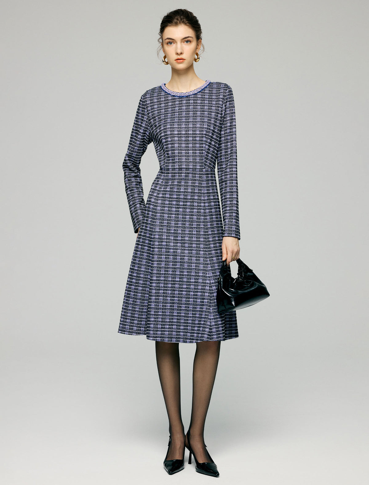 Beaded Crewneck Purple Check Fit Flare Dress