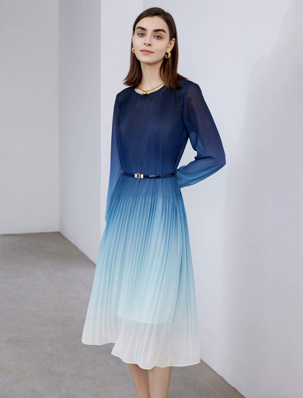 Blue Ombre Pleated Midi Dress
