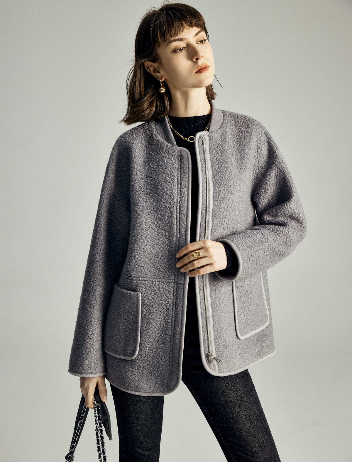 Wool-Blend Pocket Detail Bomber Jacket