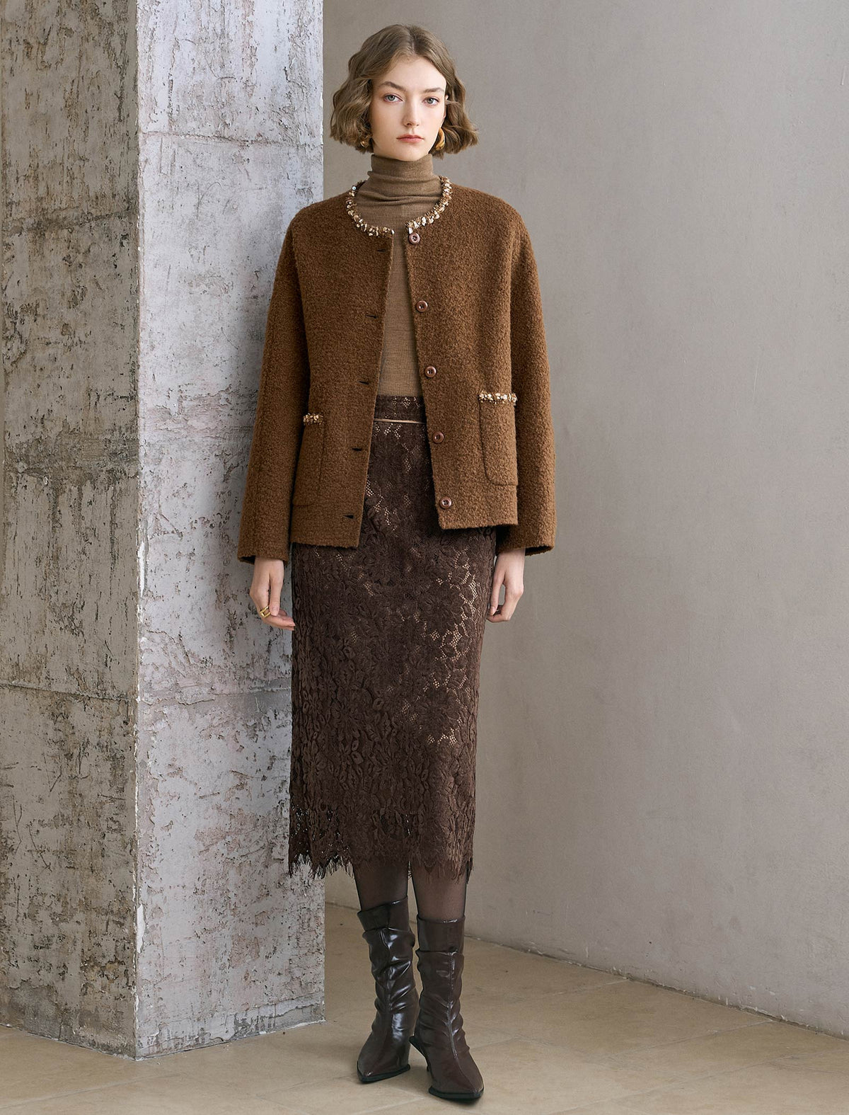 Tweed Wool-Blend Embellished Trim Jacket