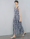 Sleeveless V Neck Watercolor Stripe Wrap Midi Dress
