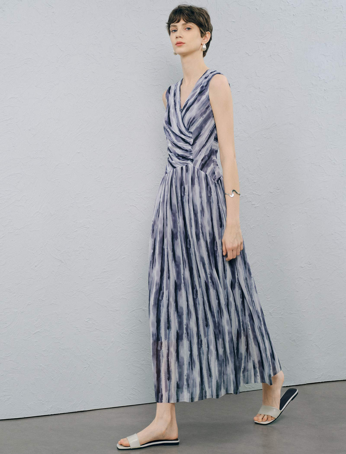 Sleeveless V Neck Watercolor Stripe Wrap Midi Dress