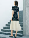 Two-Tone Black Lace Pleated Hem Midi Dress