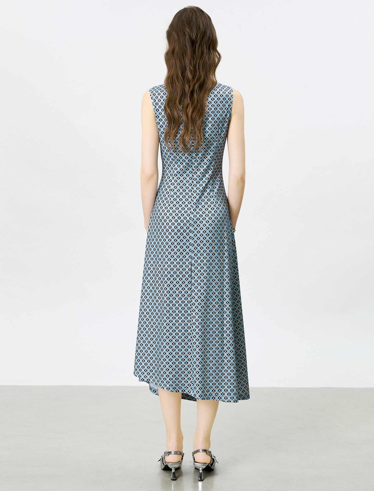 Blue Geometric Print Ruched Waist Midi Dress