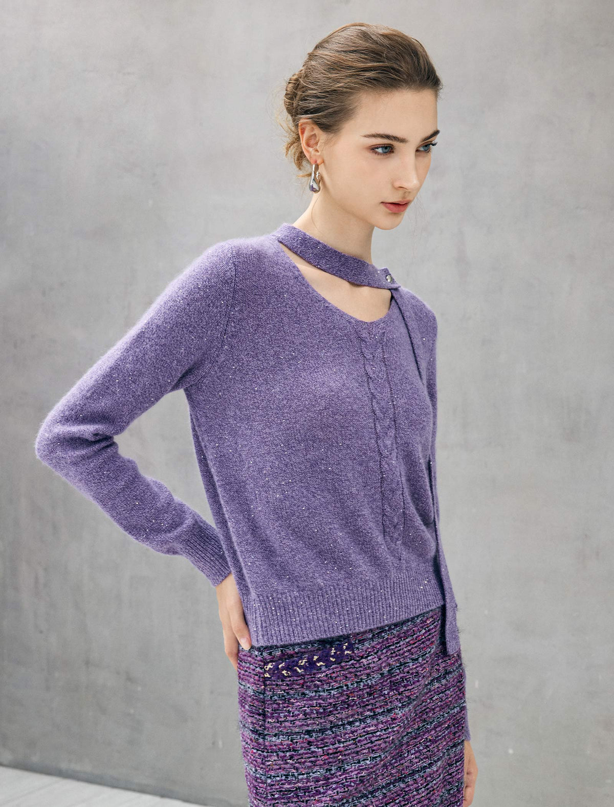 Wool Blend Shimmer Tie-Neck Cable-Knit Sweater