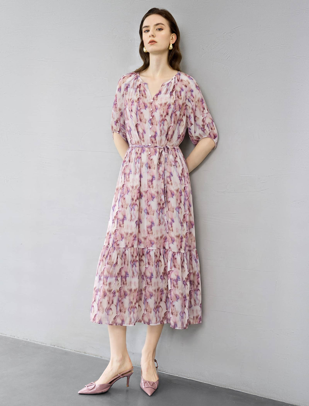 Watercolor Print Tiered Midi Dress