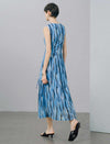 Blue Abstract Print Sleeveless Ruched Waist Midi Dress