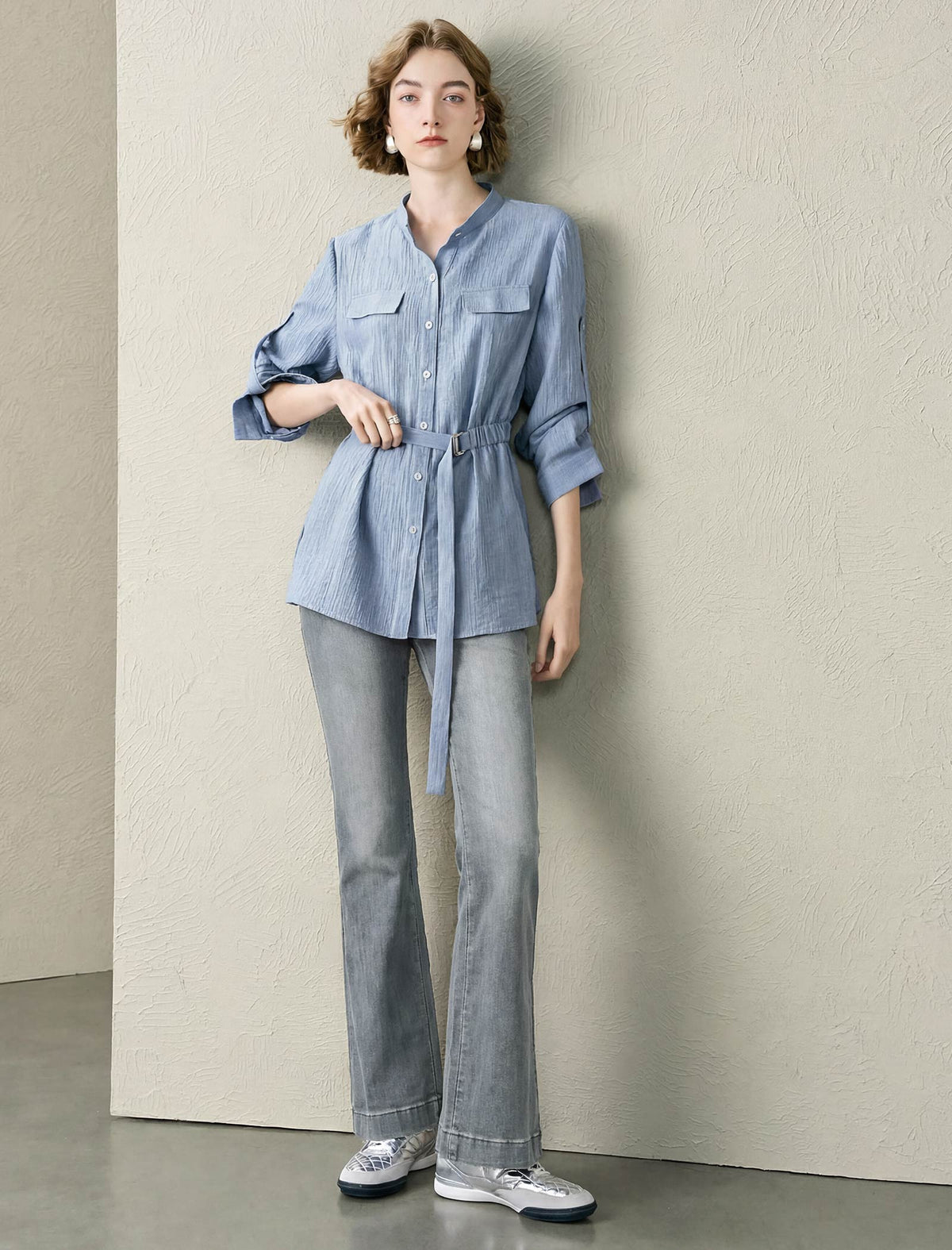High-Waisted Grey Flare Jeans