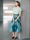 Green Blue Watercolor Print Chiffon Midi Skirt