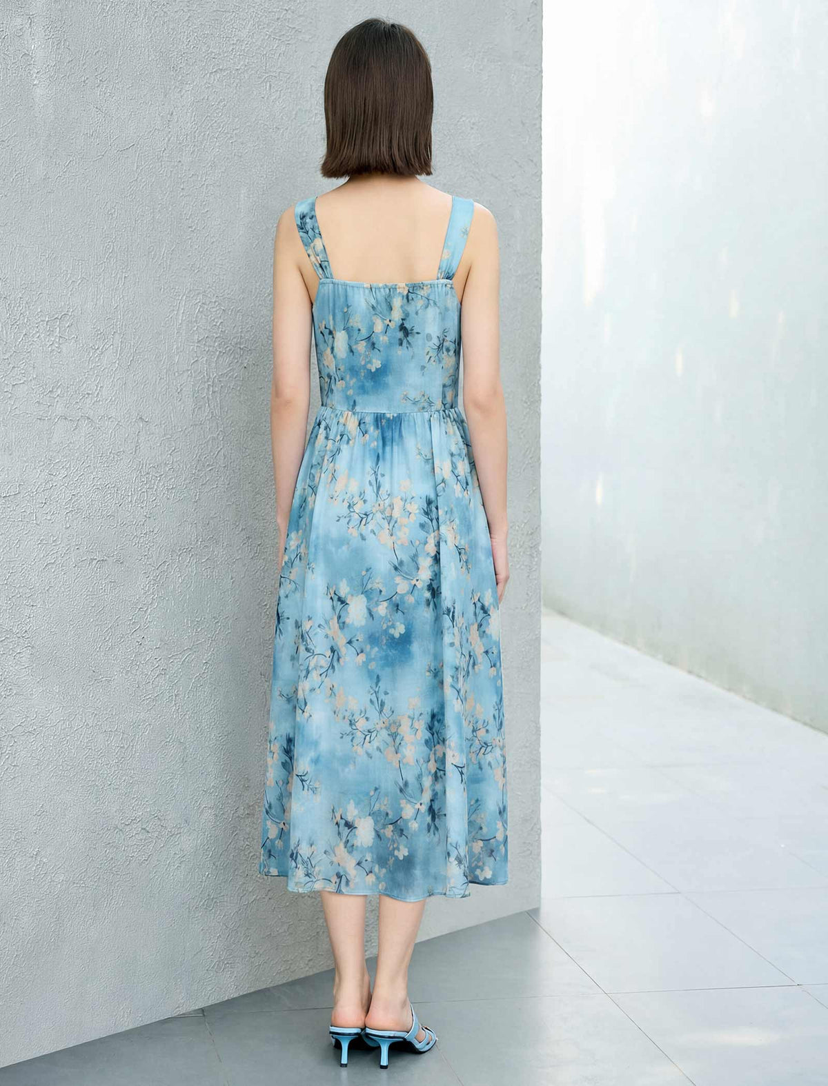 Blue Floral Watercolor Print Midi Sundress