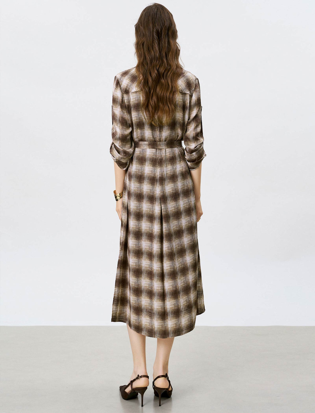 Brown Plaid Belted Shirt Midi Dress