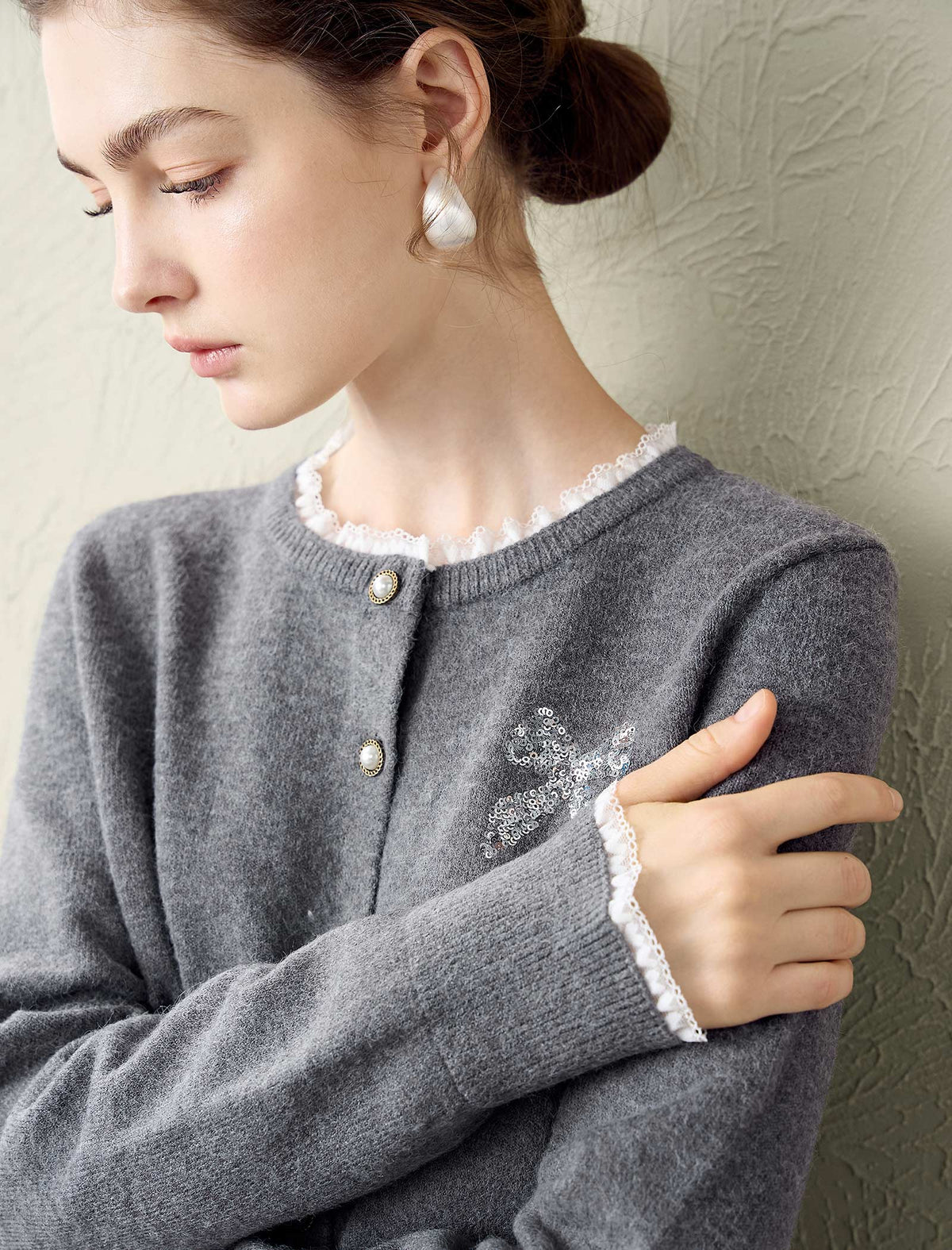 Lace-Trimmed Wool Cardigan