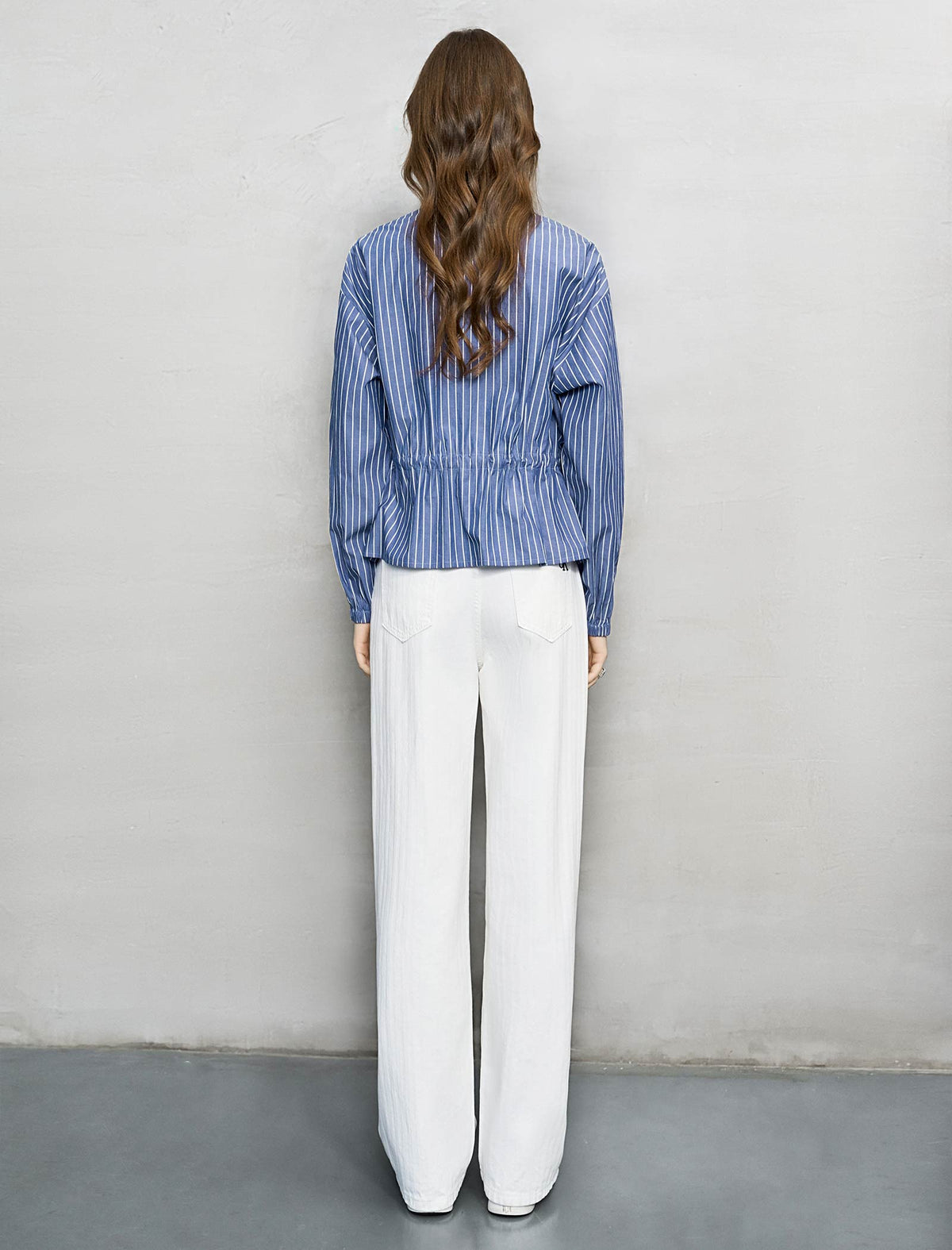 Navy And White Stripe Zip-Front Cinched Blouse