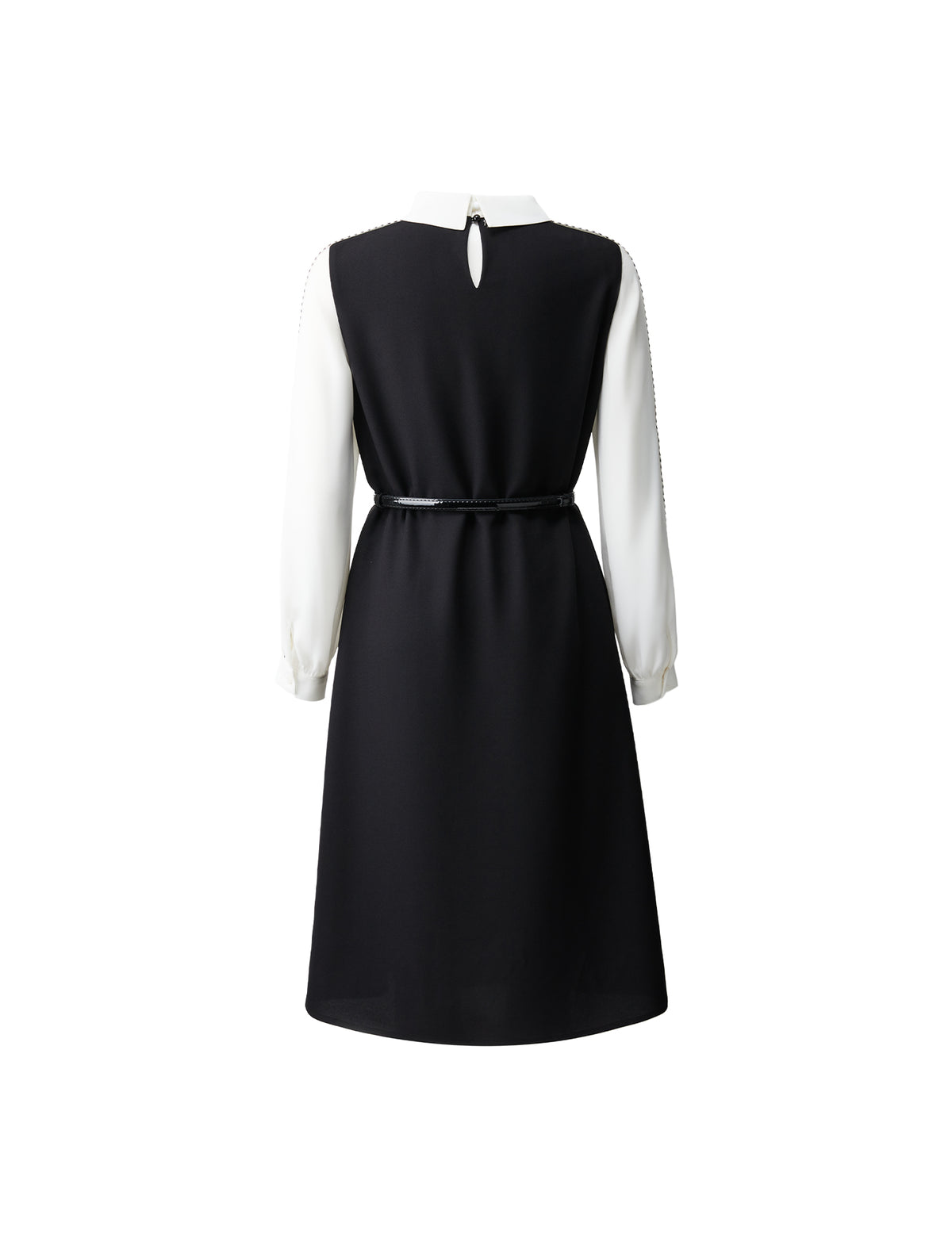 Colorblock Collared Long Sleeve Belted Dress