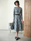 Plaid Crewneck Belted Midi Dress